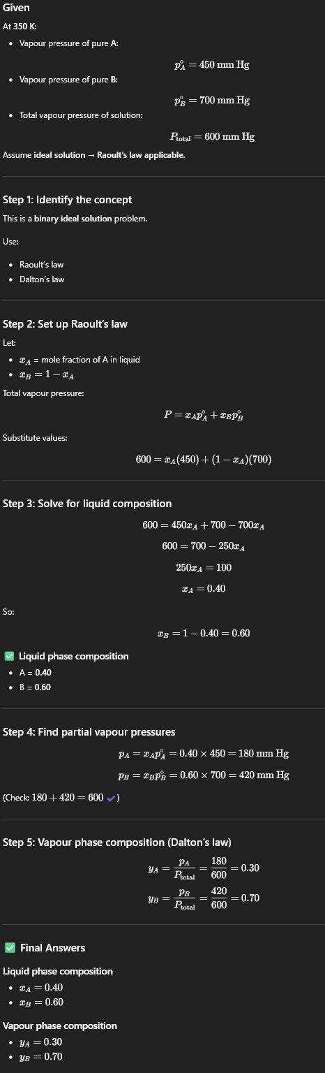 [Chem-Applied] Vapour pressure of Pure Liquids A & B are 450 & 700mmHg respect. @350 K . Find comp. of liquid mix, total Vapour pressure is 600mmHg and Vapour phase composition